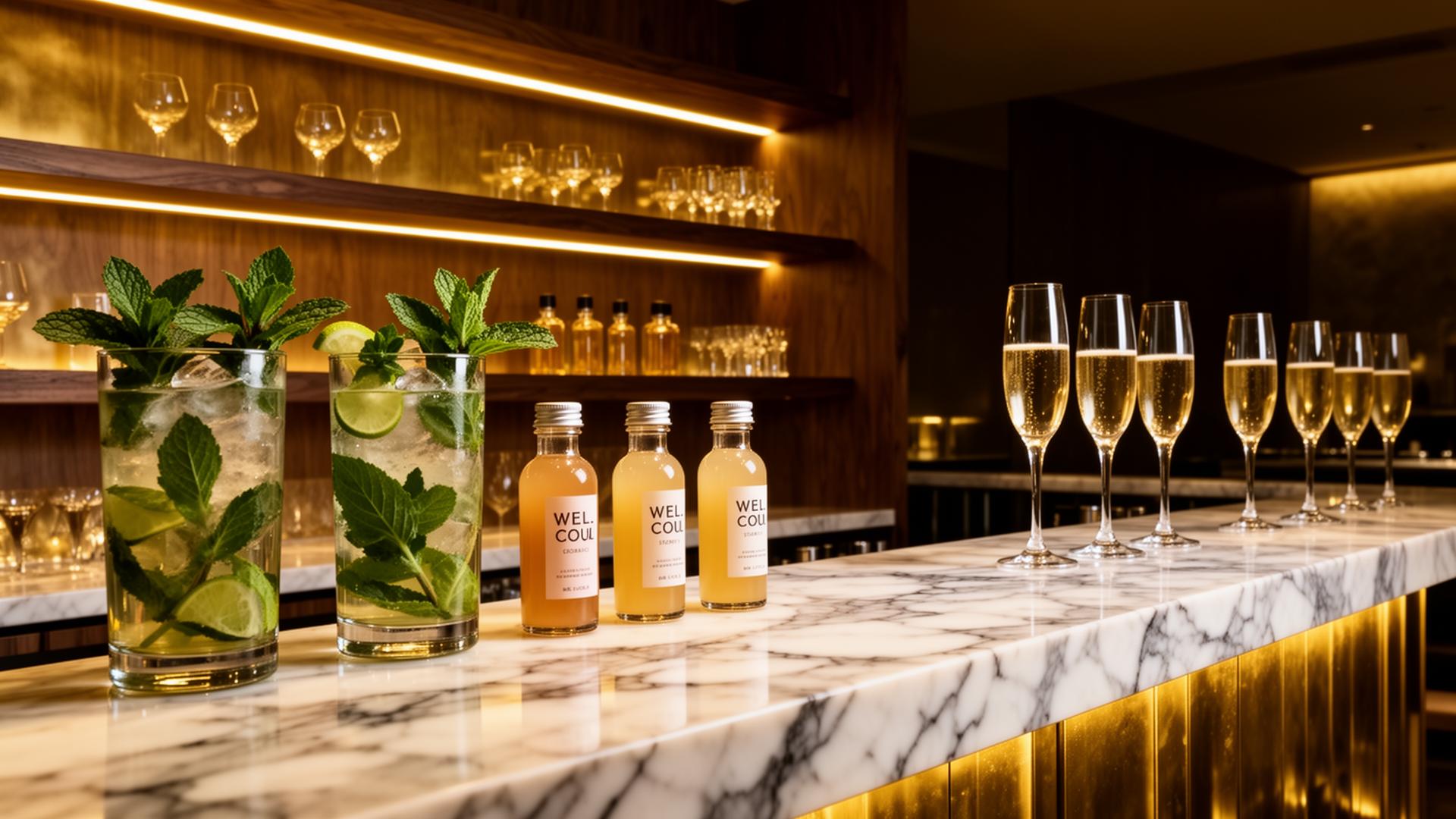 Marble wellness cocktail bar with gold lighting